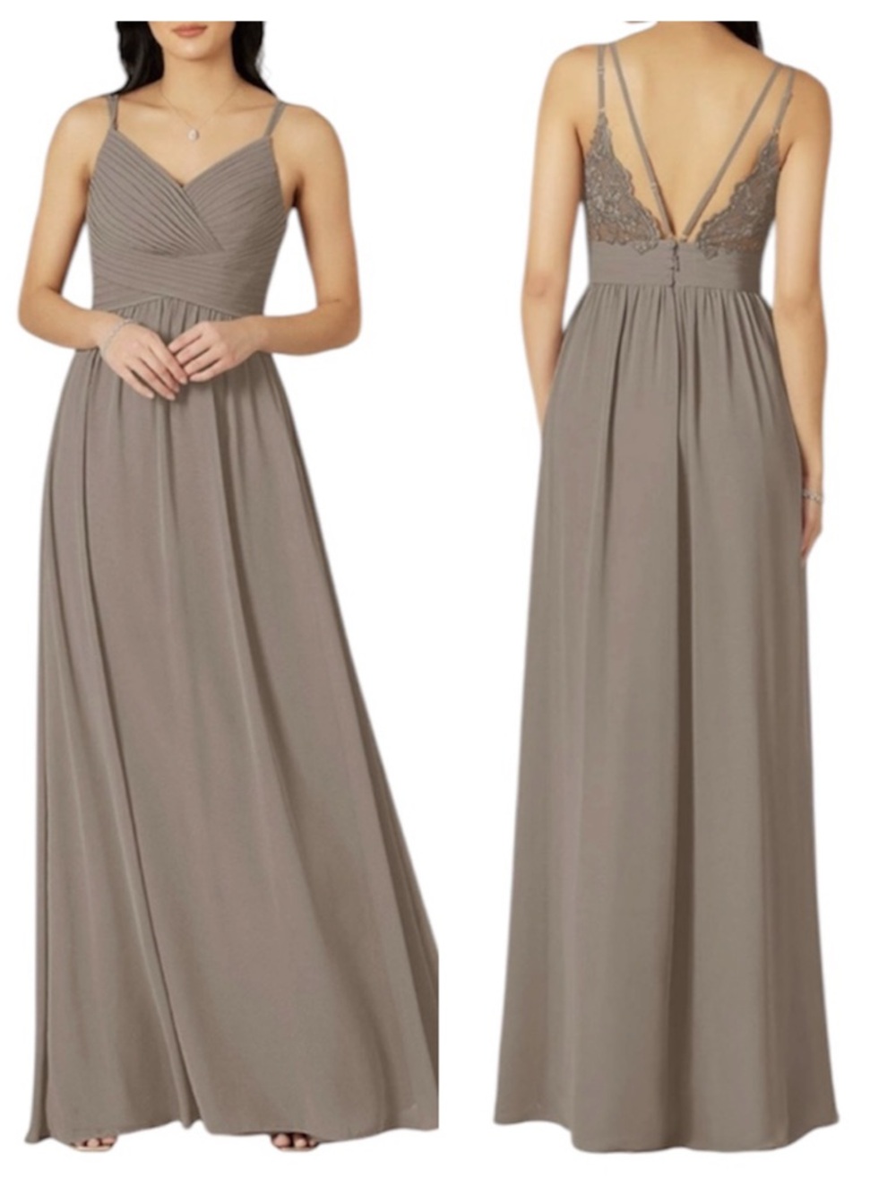 NWT Azazie Blake Chiffon Lace Pleated A-line Formal Bridesmaids Maxi Dress Taupe